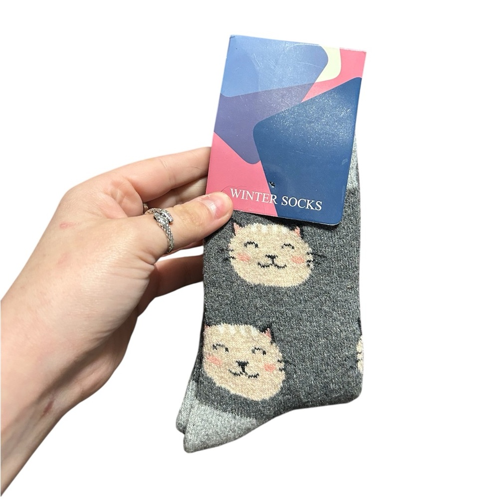 Cute Cat Winter Socks Wool Blend Cozy Crew Socks Gray Novelty Gift NWT